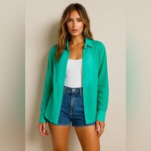 RETROFETE Button Up Blouse Top Turquoise Green Lightweight Long Sleeve Medium